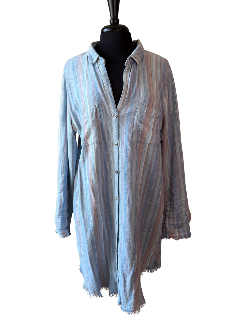 Cloth & Stone Striped Shirt Dress Light Blue Button-Up Frayed